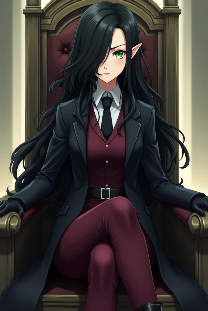 A female elf anime character sitting on a throne elegantly, rostro apoyado en una mano con mirara penetrante. Young and serene in appearance with long, below-the-shoulder length, wavy, dark black hair, with an asymmetrical hairstyle that partially covers one side of her face, her right eye is covered by her hair. His eyes are an intense green color. He wears black clothing including a long, dark trench coat with long sleeves and wine red suit pants. The trench coat has a belt tied at the waist, which fastens at the front. He has a white button-down shirt and a small closed wine red vest. He wears gloves, knee-high boots and a tie, all three black. The posture and facial expression suggest that she is ready for a battle or quick action. She is tall and serious. That represents light and darkness.
