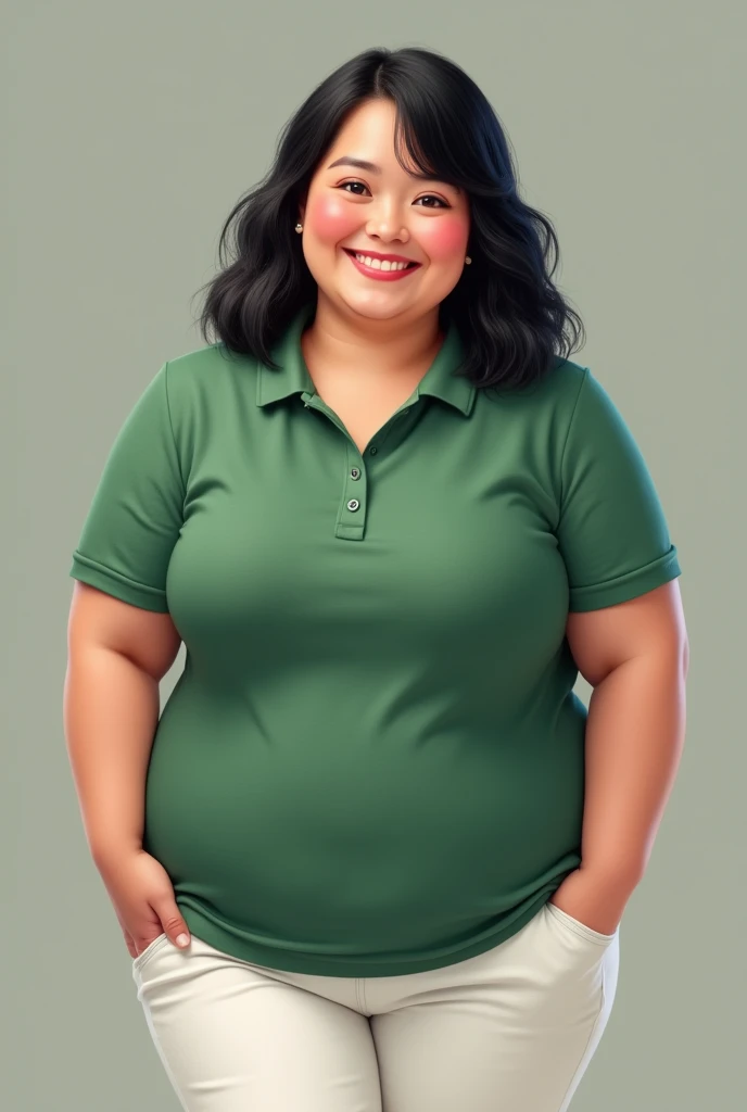 Slightly overweight woman with black hair wearing a green polo shirt and white leggings 