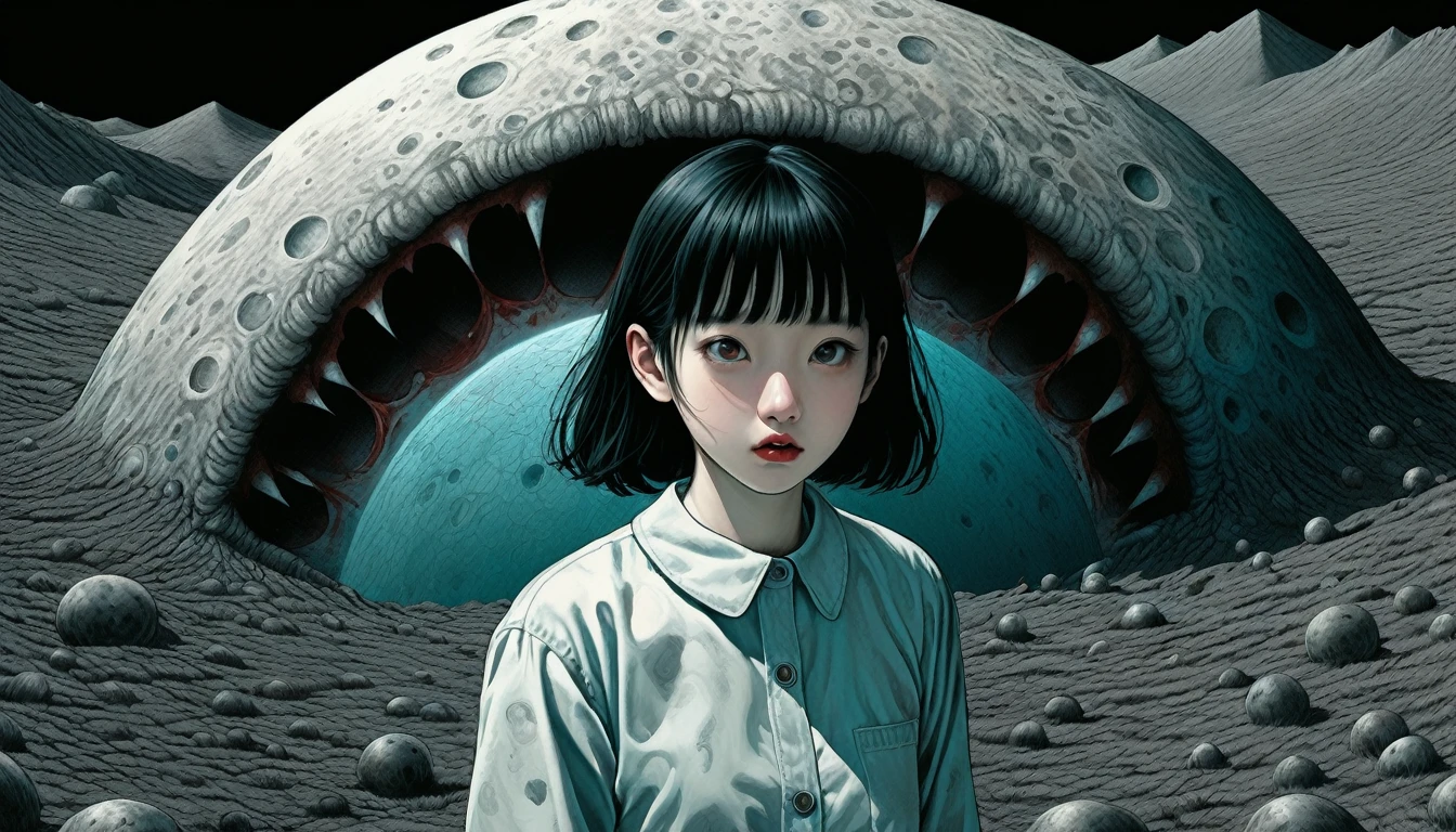 An illustration、art、Horror, Supervised by Junji Ito、Attention to detail, Realistic shadows、Analog Style, chromatic aberration, Surrealism、Lunar Surface