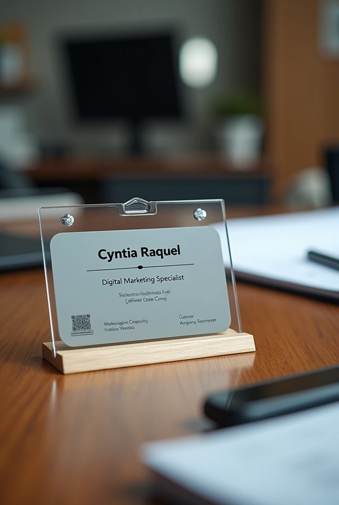 Create a badge on the table with the name Cyntia Raquel digital marketing profession with a focus on the professional badge in an office