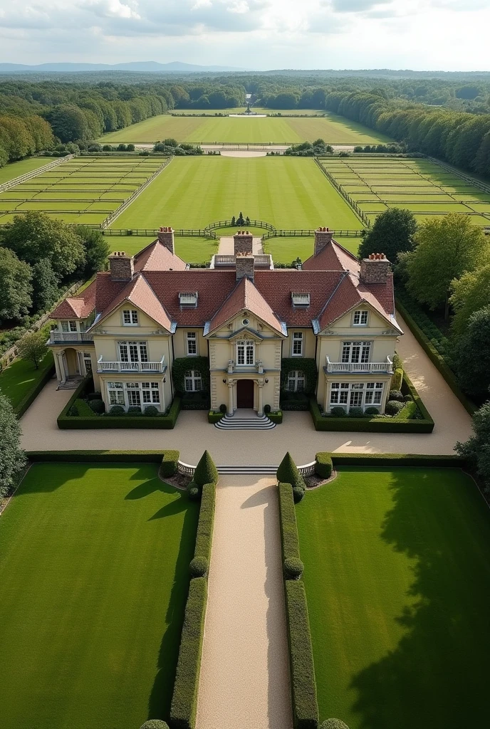 A villa on a very large plot. From a bird's eye view. With larger windows and in country style. More lawn and even larger windows. Isolated from the outside world with fewer trees and horse paddocks. The villa in old money fashion style with a bit of country with a passage to the house. A little more romance