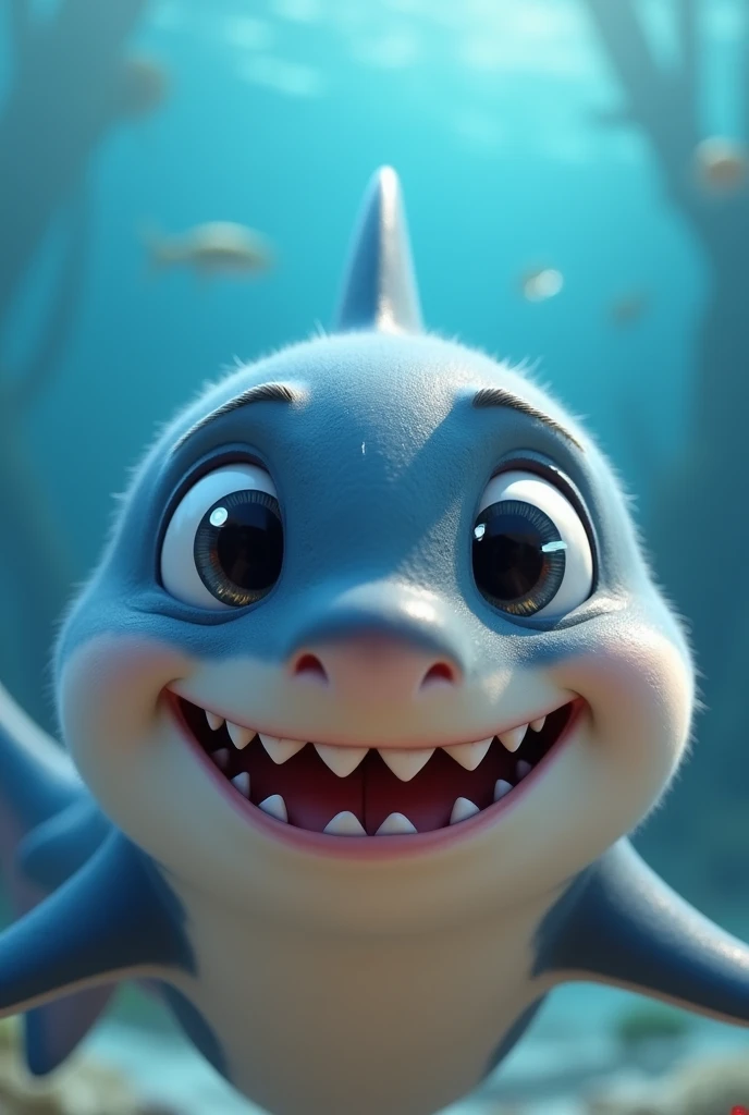 Create a close-up image of an adorable Shark smiling, facing the camera with a zoomed-in perspective. The animal should have a cute and expressive face, resembling the animation style of Pixar by Disney, with large, shiny eyes and a joyful smile. The background should be blurred to emphasize the animal's face. Each animal should appear friendly and endearing, with soft fur or feathers and bright, cheerful colors."
