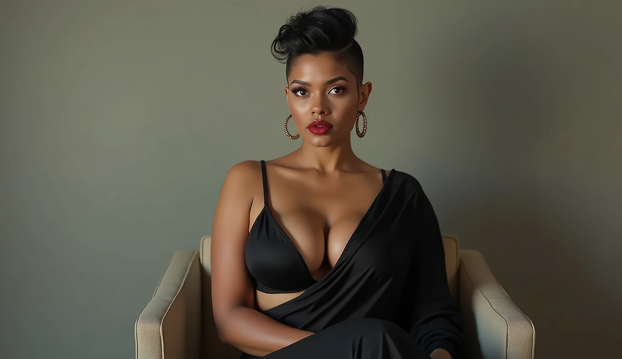 A full-body portrait of wolf cut hairstyle erotic hindu wife, sitting on chair, front facing, 4K, wide angle camera view, super realistic, huge breast, super big fake lips red lipstick super delicious body black saree bra sexy body, full body
