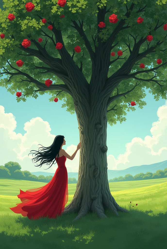 A landscape of a large tree with a gray trunk and lush red flowers on a green lawn in the background an endless green field we see in the distance a woman with long black hair that flies in the wind standing touching the tree with her outstretched arm she wears a simple long red dress that also flies in the wind the image is realistic and well detailed