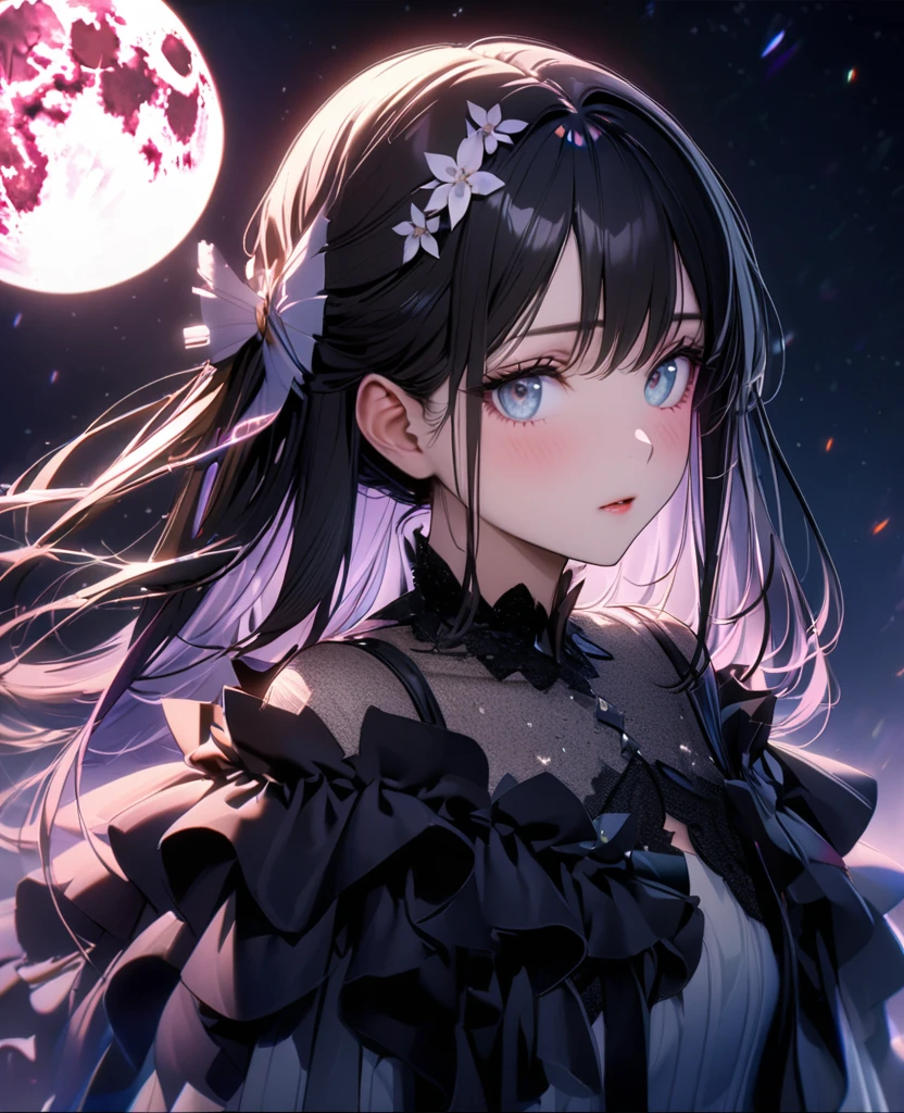 8k,Ephemeral beauty，Very delicate and beautiful,Beautiful and realistic skin,Shiny Hair,Shiny black hair、Long and colorful hair,Beautiful Eyes,Beautiful night sky、full moon、shy、White ruffled costume、ＮＯhair accessory、 Put your hair half up、Don&#39;t put anything in your hair