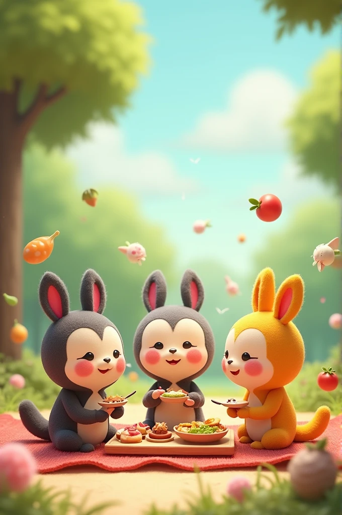 These are the characters I want the same, but having lunch with the same animation as this image. Create the characters with three little words having lunch. I want an animation like the drawing, in 2D, like the drawing.