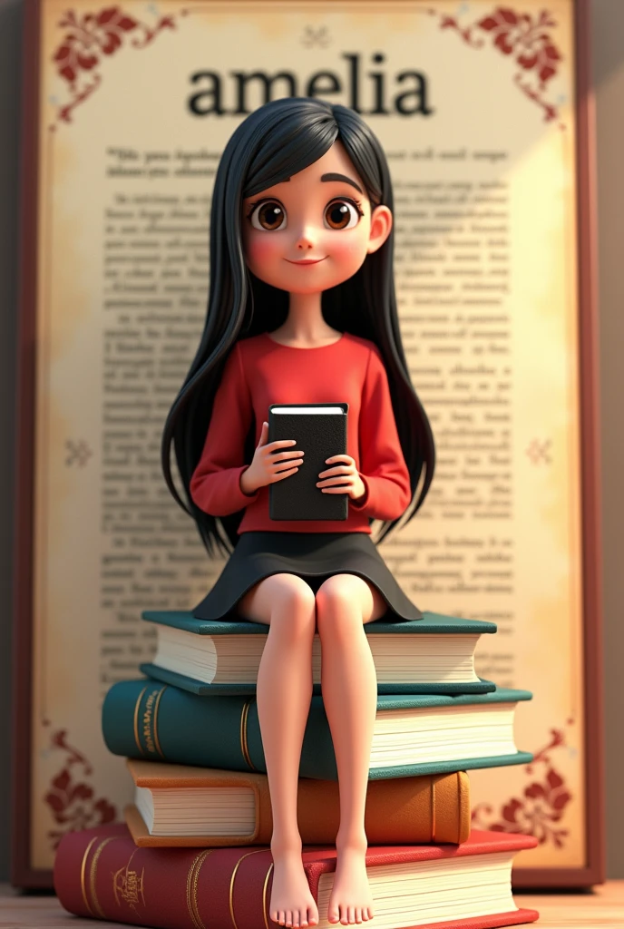 Comando: Create a 3D illustration of an animated Brazilian character sitting casually on top of "textbooks". The character must wear a red shirt, a black skirt below the knee, long, straight black hair, brunette skin, slightly slanted eyes, full, and holding a Bible. The background of the image is a beautiful page with the username "Amelia".