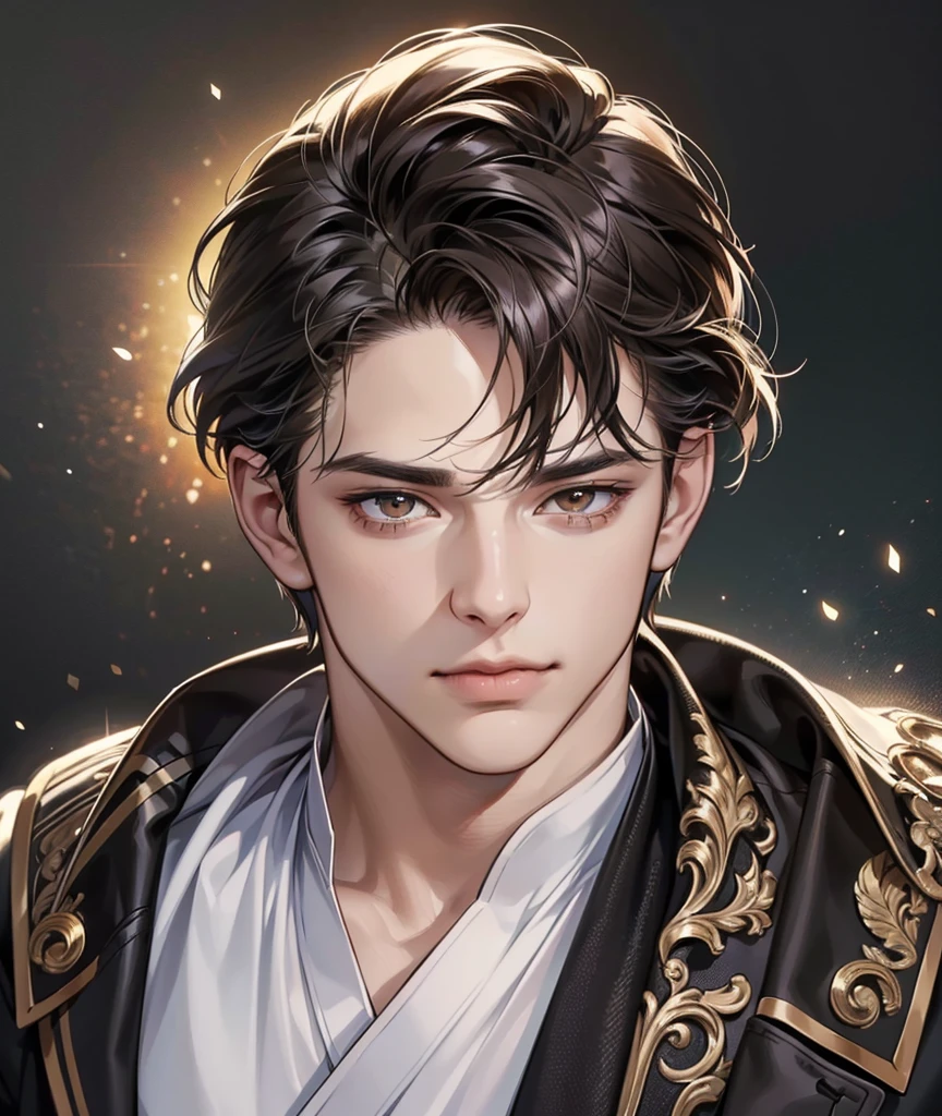 (best quality,4k,8k,highres,masterpiece:1.2),ultra-detailed,(realistic,photorealistic,photo-realistic) handsome anime,portrait, detailed face, detailed eyes, brown eyes, black hair, masculine body, half body potrait