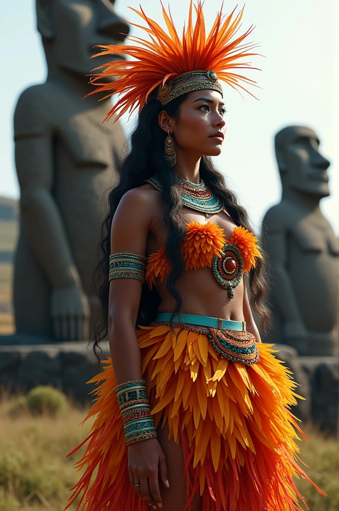 Create a Rapa Nui girl with a feather skirt and feather costume , feather top and feather crown pointing to the right