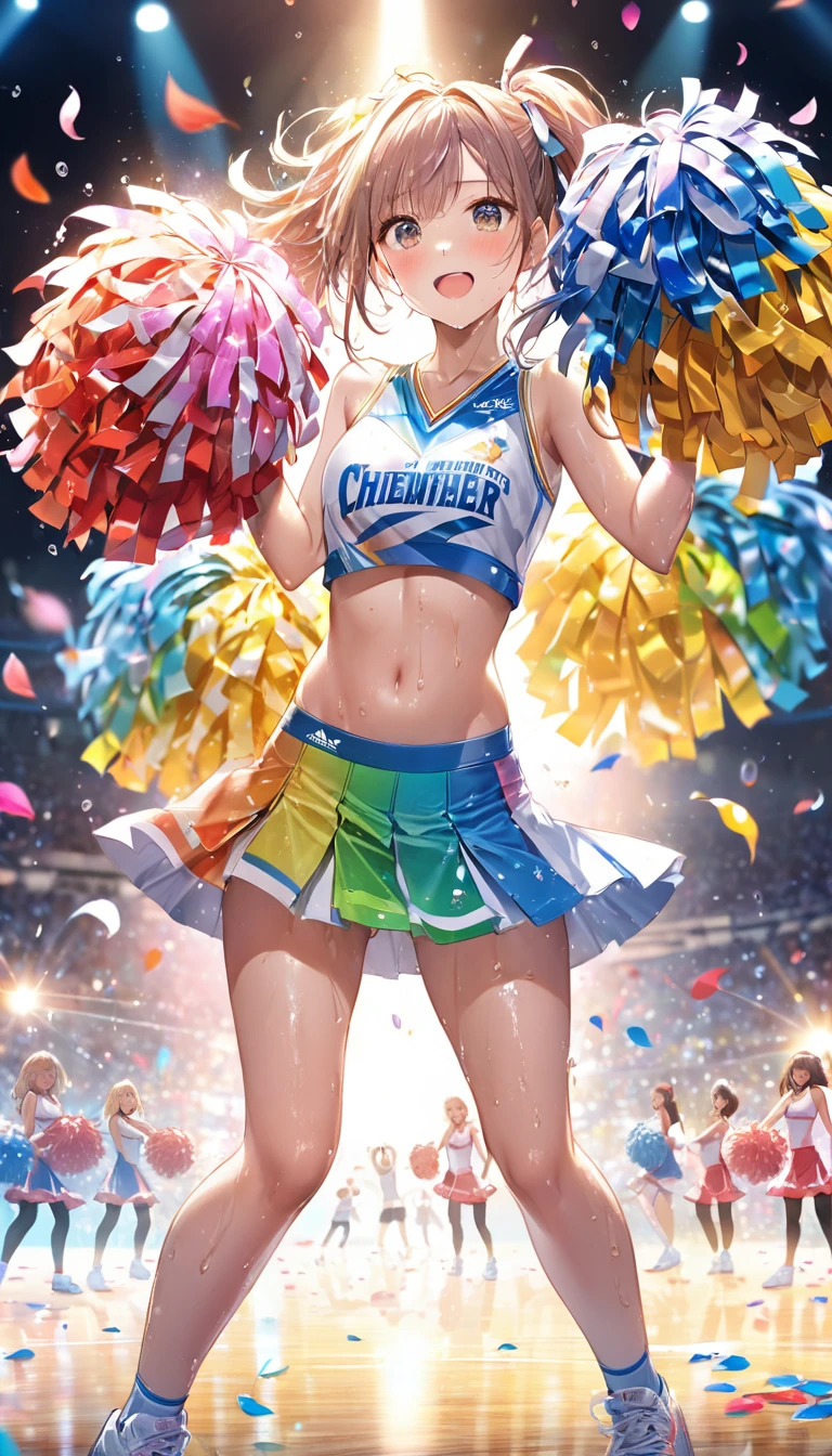 (Sports magazine cover photo), Highest quality, Great quality, 16K, Unbelievably absurd, Very detailed, delicate and dynamic, Natural light, The particles reflect light, Diffuse reflection of light, Many rainbow-colored petals fall, Beautiful stage, Sparkling Sun, Diffuse reflection of light, Create amazing image effects, Cheer girl, Wet, sweating, Cheerleading, Holding pom-poms, Dancing, Close-up(Cute sexy girl, big bouncing busts, Sensual expression, Cool girl, Serious, passion, Dynamic, cheerleading uniform, audience ,much-air-laden cheer)