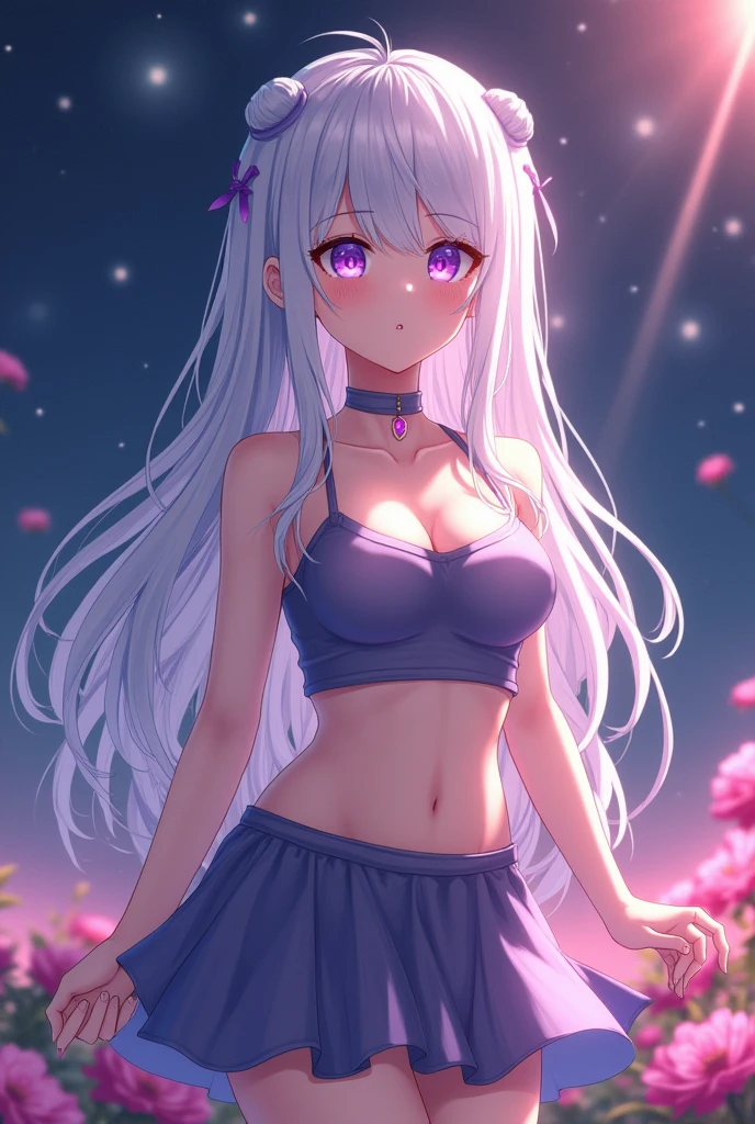realistic, 1girl, white hair, purple eyes, glowing eyes, crop top, skirt, parted lips, blush, night, flowers, sun, sunlight, I need her to be naked, almost naked every part should be visible, big ass big tits
