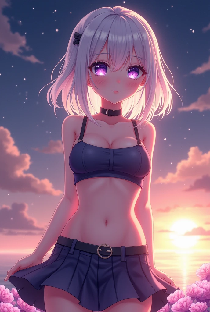 realistic, 1girl, white hair, purple eyes, glowing eyes, crop top, skirt, parted lips, blush, night, flowers, sun, sunlight, I need her to be naked, almost naked every part should be visible, big ass big tits