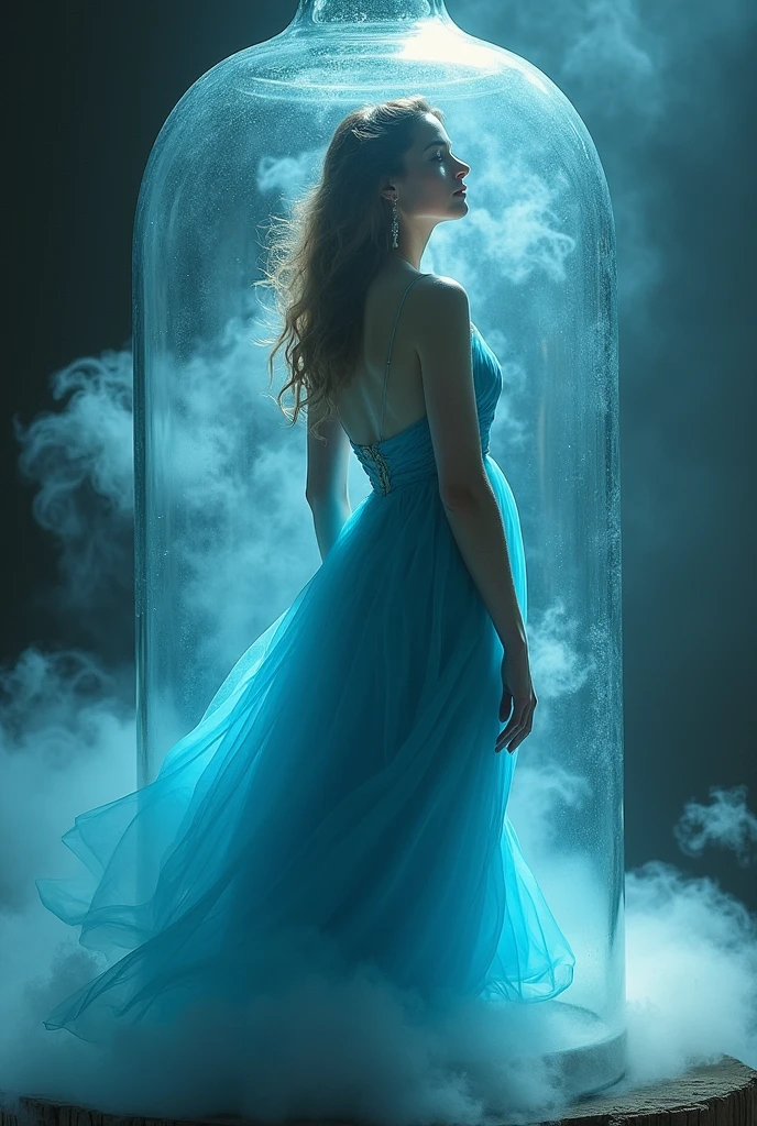 A woman in a blue dress in a bottle, fluffy, realistic, atmospheric light refraction, by lee jeffries nikon d850 film stock photograph 4 kodak portra 400 camera f1.6 lens rich colors very hyper realistic lifelike texture dramatic lighting unreal engine trending on artstation cinestill 800, Style-Glass