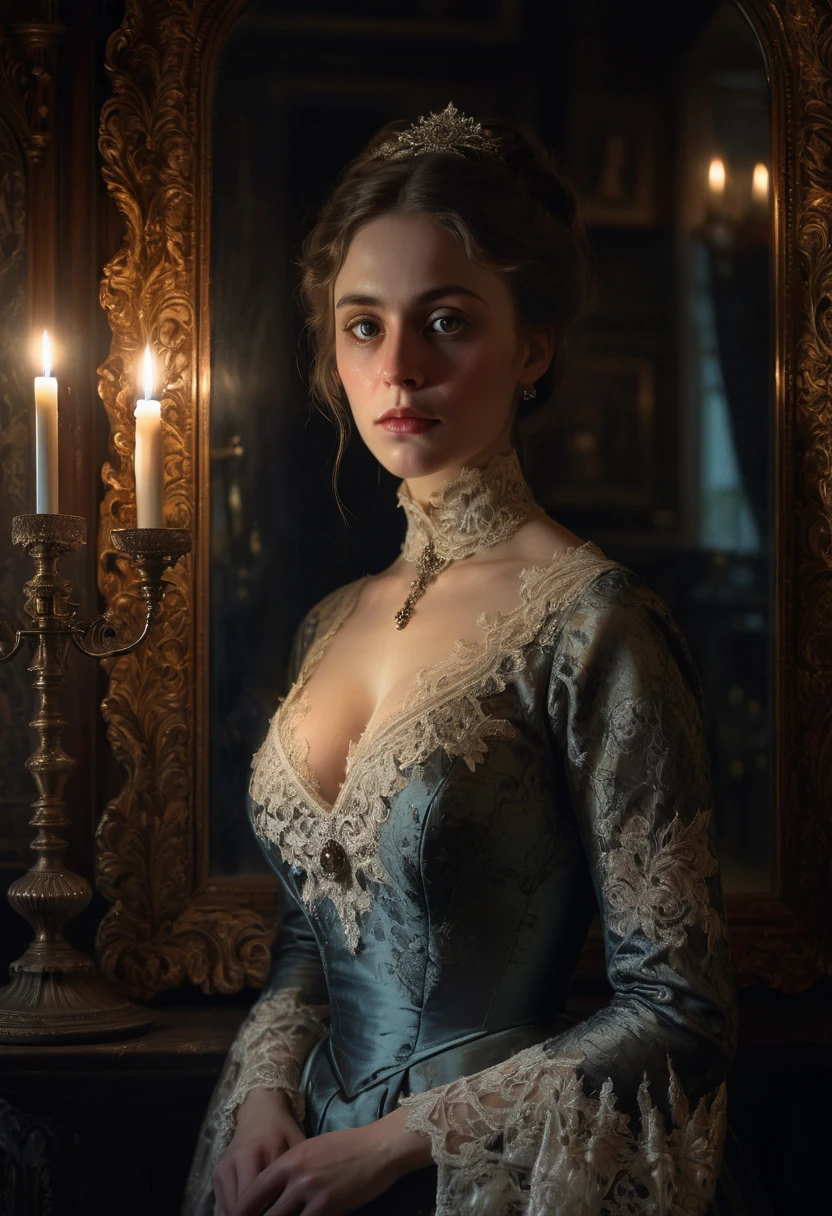 A dark and atmospheric oil painting featuring a stunning Victorian-era woman. She wears an elaborate, high-necked gown adorned with lace and intricate embroidery. Her expression is mysterious, with beautiful eyes that hint at hidden secrets. The setting is a dimly lit, gothic interior, with heavy velvet drapes, a grand fireplace, and an ornate, antique mirror reflecting the flickering light of a candelabrum. Shadows loom in the corners, and the air seems thick with an otherworldly presence, giving the scene an occult and eerie feel. (Nude Big boobs)), sexy, detailed face 