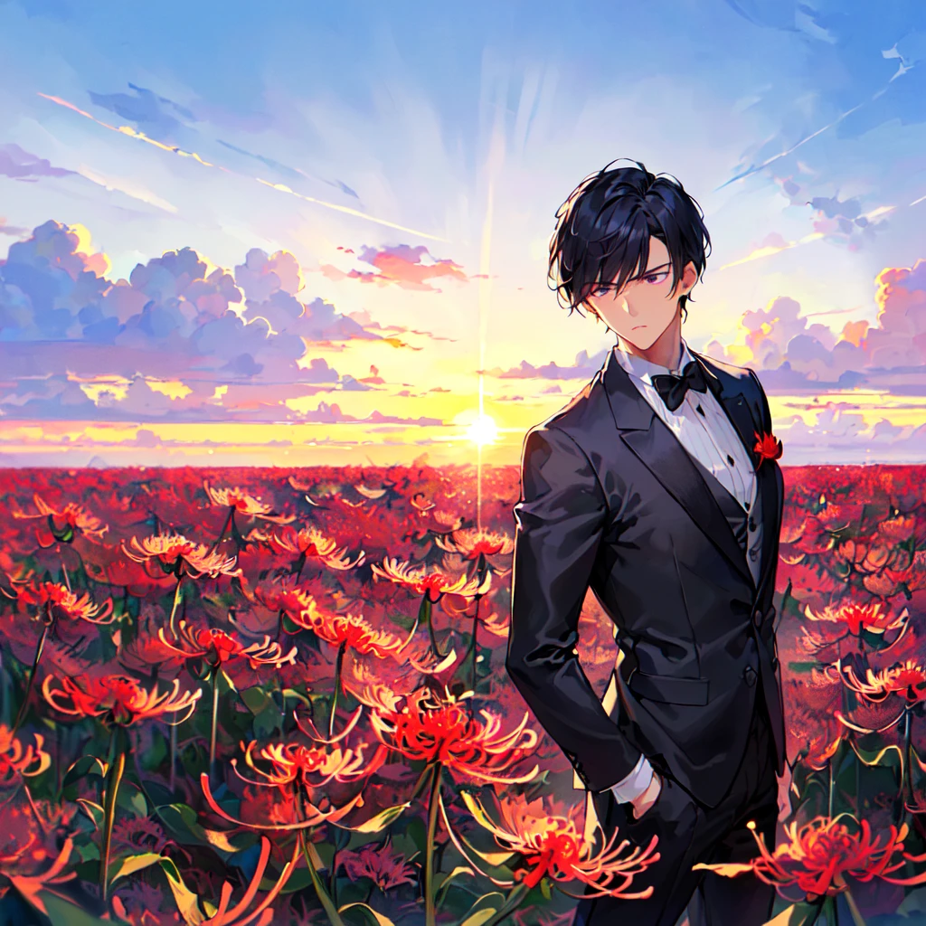 masterpiece,best quality,high quality,(1male austere handsome solo adult age 30 years old:1.5), purple eyes, cool with suspended eyes, V-shaped eyebrows, body strong and fearless 8.5 head tall, height 185cm, (well-groomed black short hair down to neck:1.4), (bangs 7 thirds parted:1.4), slender nose, facial muscles, throat, (black suit black tie black pants:1.3), (standing:1.3), (stylish pose), (cool sad expression:1.3), (Red spider lily flower field:1.3) , (sunrise:1.3), (upper body:1.3)