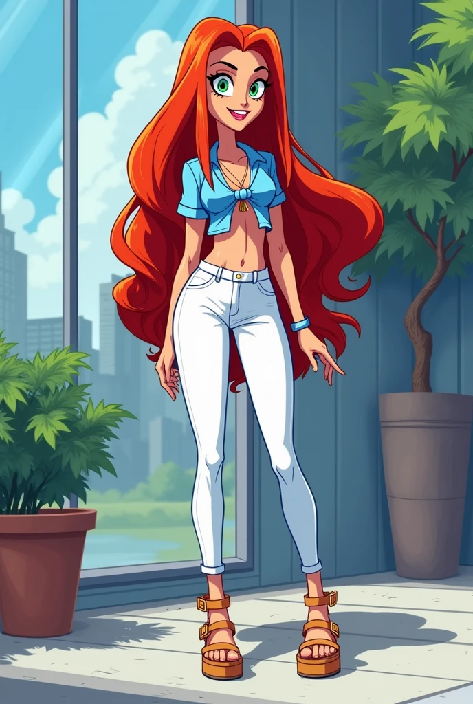 Teen Titans cartoon character Starfire wearing white denim hotpants, a frost-tie shirt and platform velvet buckled sandals
