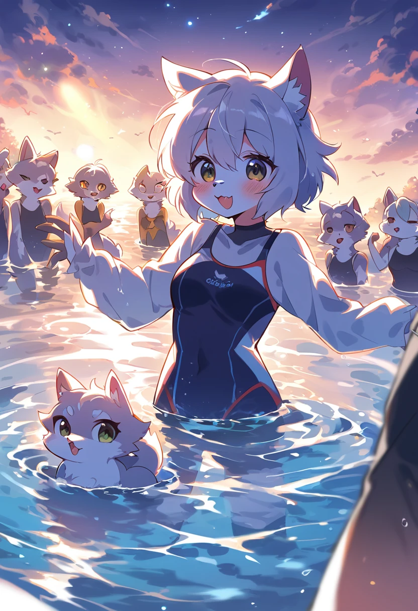 rating_safe, score_9, score_8_up, score_7_up, score_6_up, score_5_up, score_4_up, hires, highres, source_furry(1girl, Solo focus, furry anthro, kemono)bathing in water, beautiful refraction of water, Dreamy, mystical, cute swimming costume, Happy, joyful, cinematic lighting,