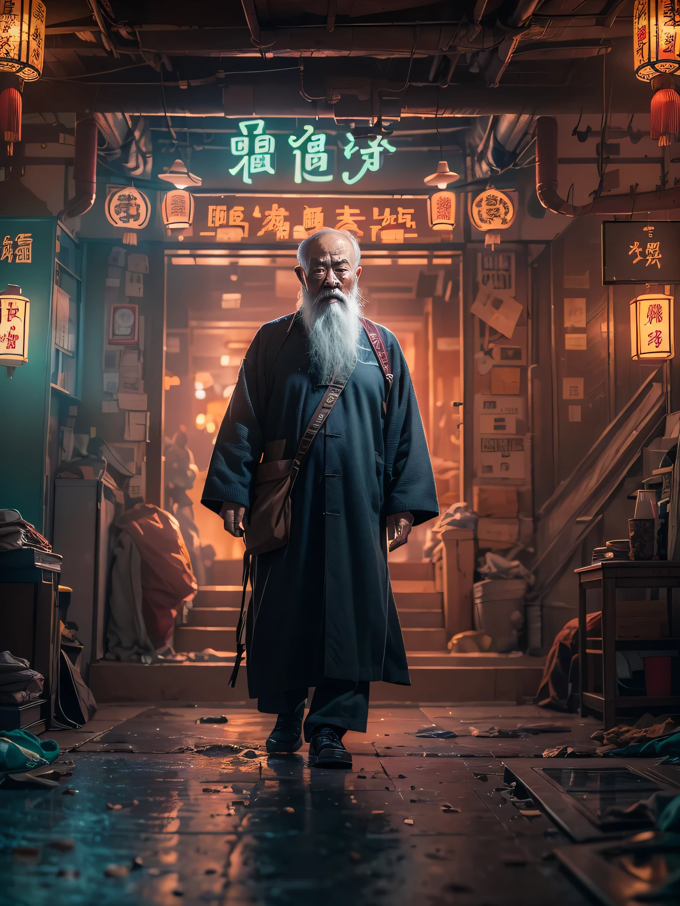 (((Masterpiece))), Best Quality,realistic perspective, High-resolution photograph,realistic details,sharp focus, A mysterious and wise old Chinese man with a long white beard is walking around in a dimly lit room. The room is decorated in a Chinese cyberpunk style, blending traditional elements like yin-yang symbols and dragon motifs with futuristic, neon-lit cyberpunk interior design. The atmosphere is mystical and shady, with hints of magic in the air. The man wise chinese man is walking around, exuding an aura of deep wisdom and hidden knowledge(extremely intricate:1.3),4k, 8k