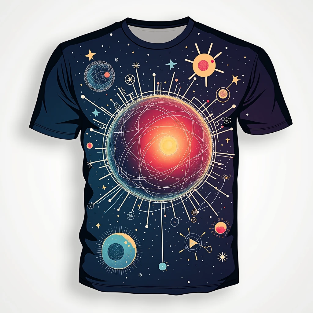 T-shirt with geometric prints, science funter design, Illustration style, Better quality images