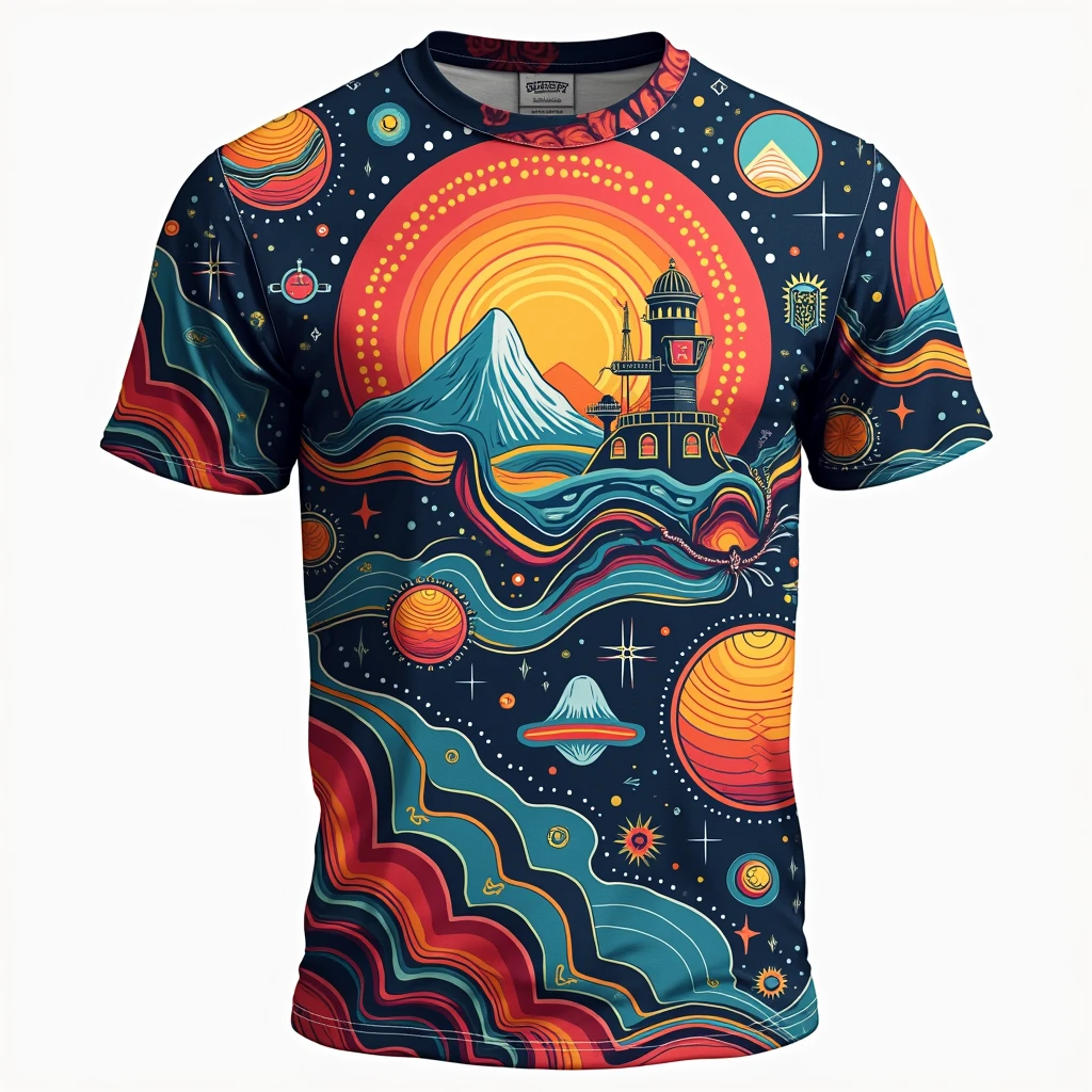 T-shirt with geometric prints, science funter design, Illustration style, Better quality images