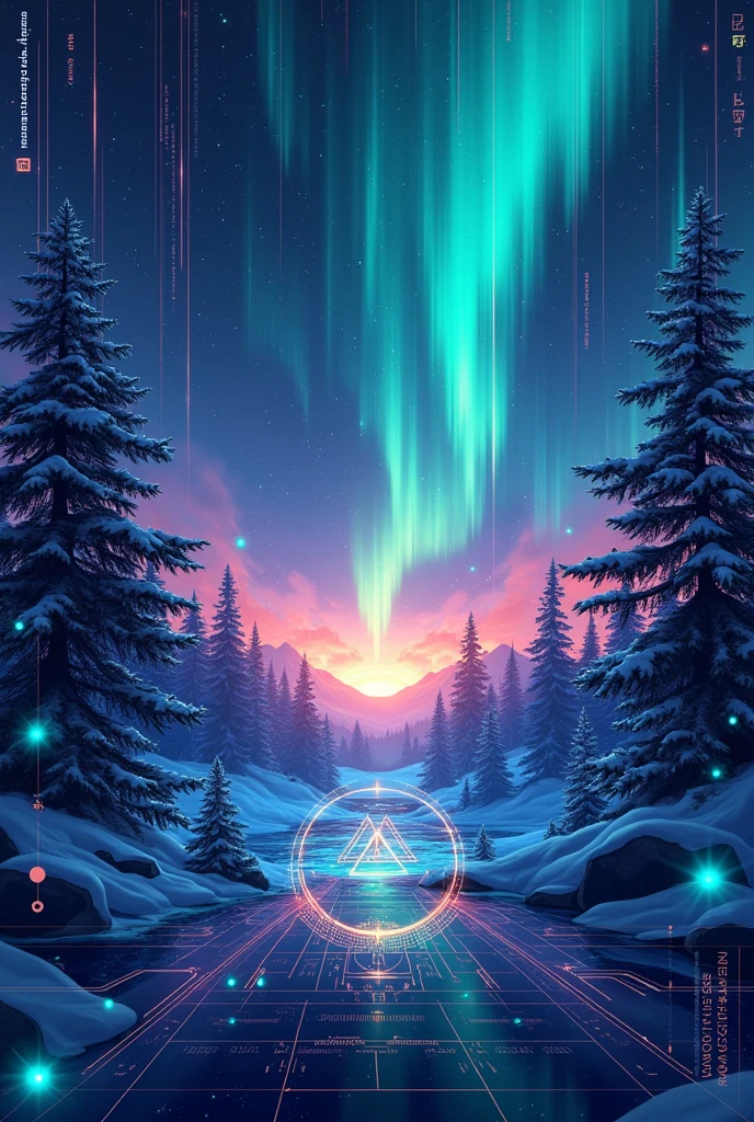 A poster , with very very funky and colourfull and unique background with a mix of digital world and Northern lights, make it dreamy, artistic, realistic, aesthetic.. Make it more digital unique , funky , digitalize , technology with mix of colourful northern Aurora lights 
Add a digital or technology logo in the middle
Add a text AURORA , in the middle 