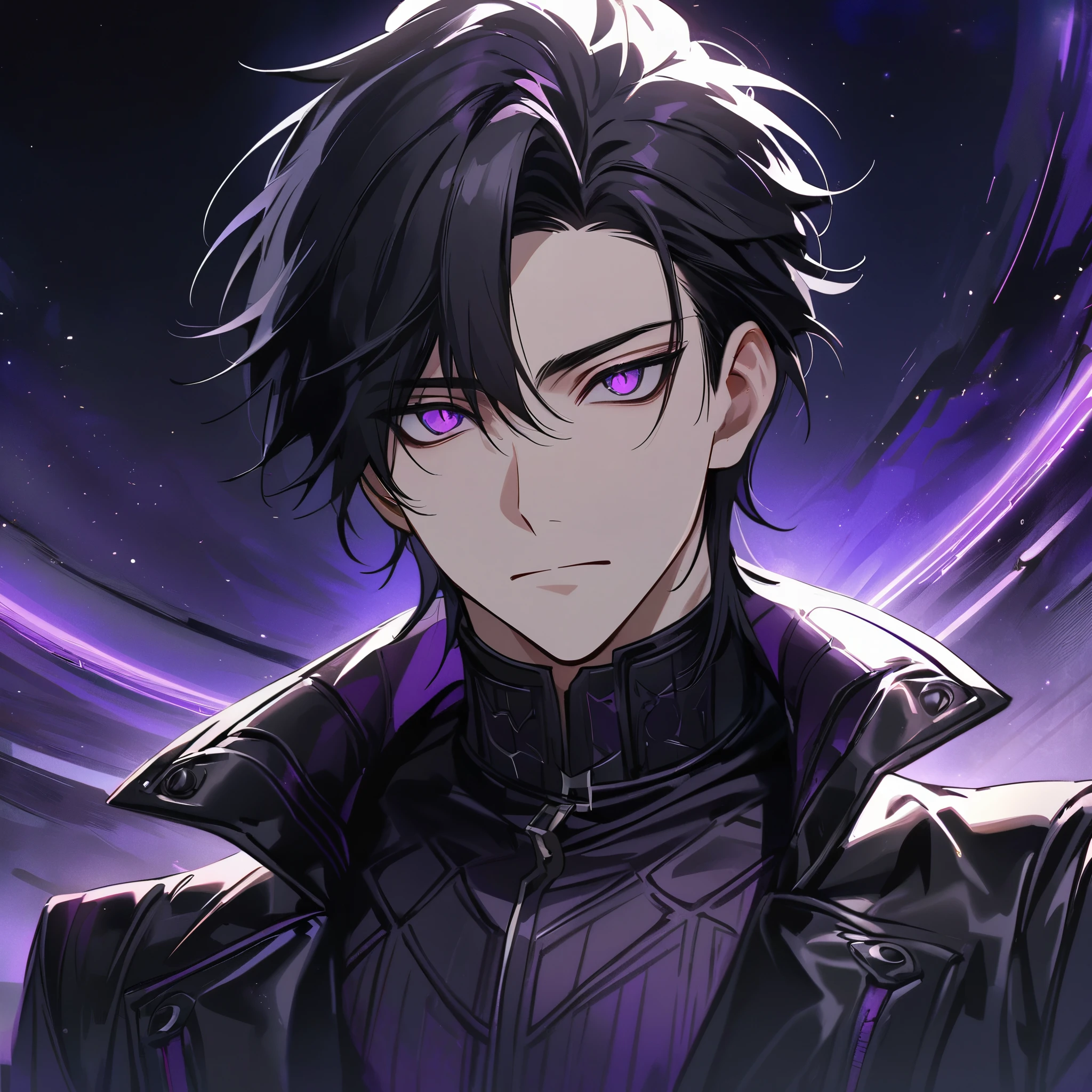 High quality, HD, 4k, no shadows, handsome male, handsome, extremly handsome, 1male, 1 male, teenager, pure black hair, short black hair, dark hair, black hair, jet black hair, sharp eyes, deep purple colored eyes, dark purple colored eyes, deep violet eyes, violet eyes, devil may cry, close up, calm expression, stoic expression, black leather clothes, black leather clothing, leather clothing, lean body, well trained body, upper body, looking at viewer, cowboy shot, white solar, space background