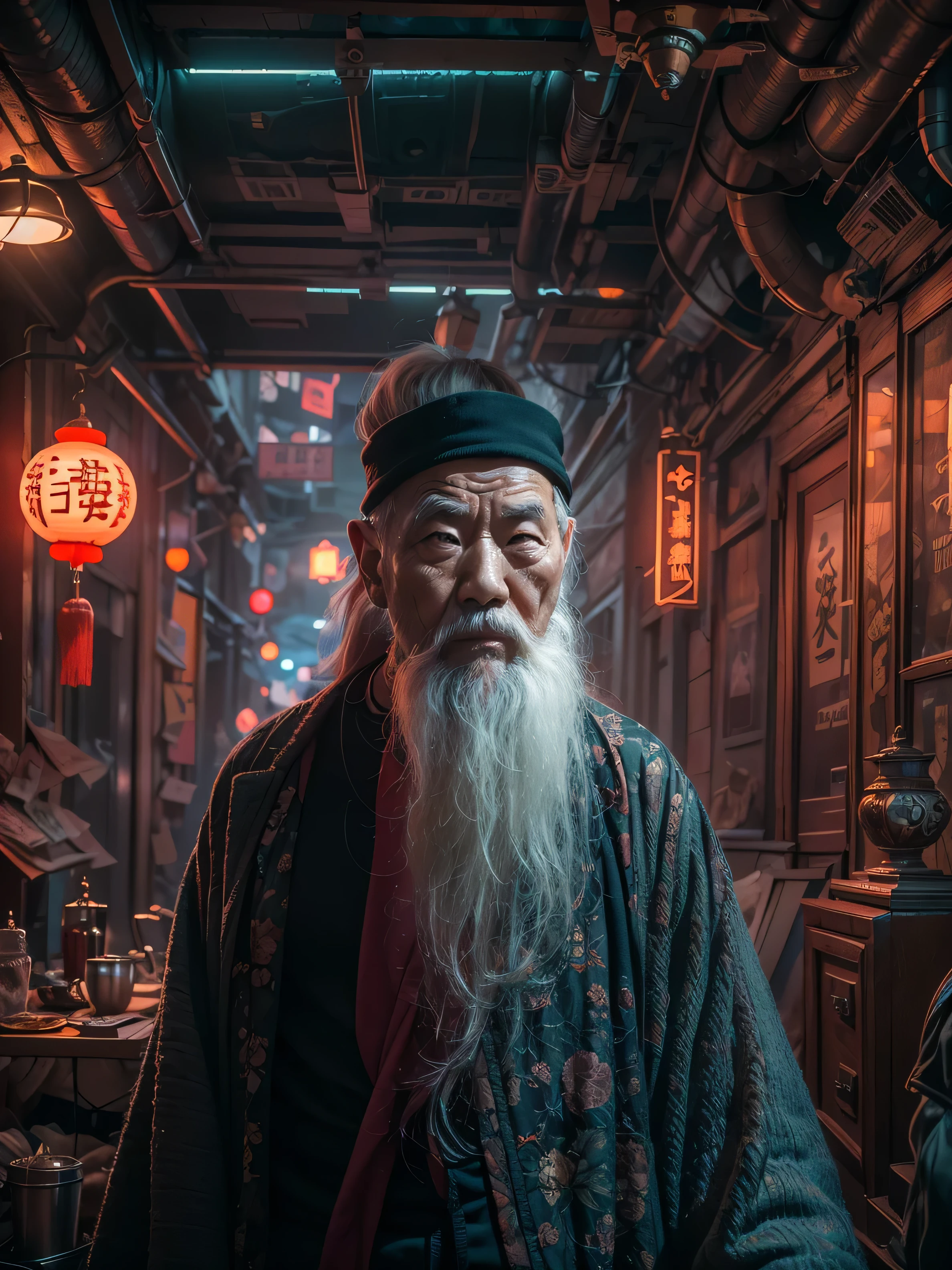 (((Masterpiece))), Best Quality,realistic perspective, High-resolution photograph,realistic details,sharp focus, A mysterious and wise old Chinese man with a long white beard is walking around in a dimly lit room. The room is decorated in a Chinese cyberpunk style, blending traditional elements like yin-yang symbols and dragon motifs with futuristic, neon-lit cyberpunk interior design. The atmosphere is mystical and shady, with hints of magic in the air. The man wise chinese man is walking around, exuding an aura of deep wisdom and hidden knowledge(extremely intricate:1.3),4k, 8k