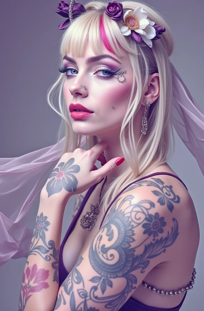 uma mulher vestida com um véu e uma flor no cabelo, roupas de rock, tatuagens and piercings, with tatuagens, tatuado, foto de retrato, tatuado skin, tatuado face, tatuado pinup, tatuagens all over the skin, Glamour colorido do retrato, estilo de tatuagem, tatuado, estúdio de tatuagem foto, tatuagens, tinta de tatuagem, com tatuagem facial, tatuagem, face tatuagens, tatuagem azul e vermelha, ultra realista, streaked hair, blonde hair, hair over shoulder, dashed eyes, seductive smile, red lips, social media composition, dutch angle, Nikon, high quality, UHD, anatomically correct, 8k