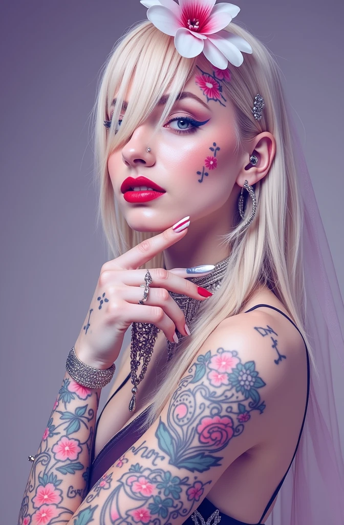 uma mulher vestida com um véu e uma flor no cabelo, roupas de rock, tatuagens and piercings, with tatuagens, tatuado, foto de retrato, tatuado skin, tatuado face, tatuado pinup, tatuagens all over the skin, Glamour colorido do retrato, estilo de tatuagem, tatuado, estúdio de tatuagem foto, tatuagens, tinta de tatuagem, com tatuagem facial, tatuagem, face tatuagens, tatuagem azul e vermelha, ultra realista, streaked hair, blonde hair, hair over shoulder, dashed eyes, seductive smile, red lips, social media composition, dutch angle, Nikon, high quality, UHD, anatomically correct, 8k
