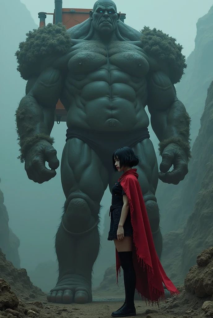 Short dark haircut, blue eyes, gothic vampire girl under eternal death, enchanted beauty, big muscular butts, tall giant, BBW, socks, short red cape, lifts a giant truck over his head with one hand easily