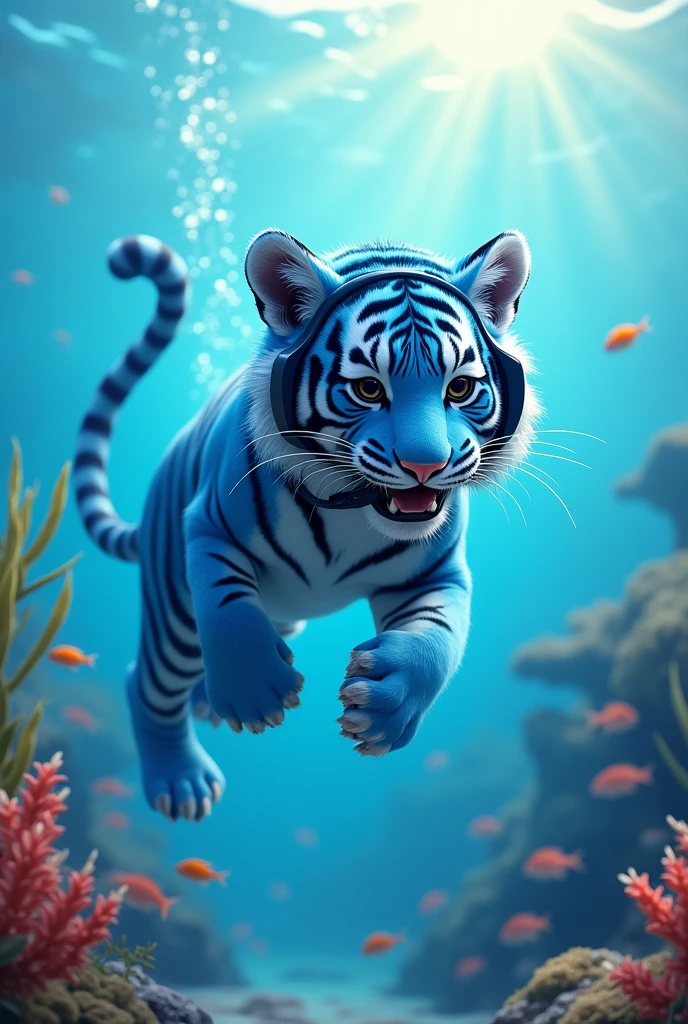 A blue tiger swimming and diving,Wearing diving gear,cute style,Realistic and cute