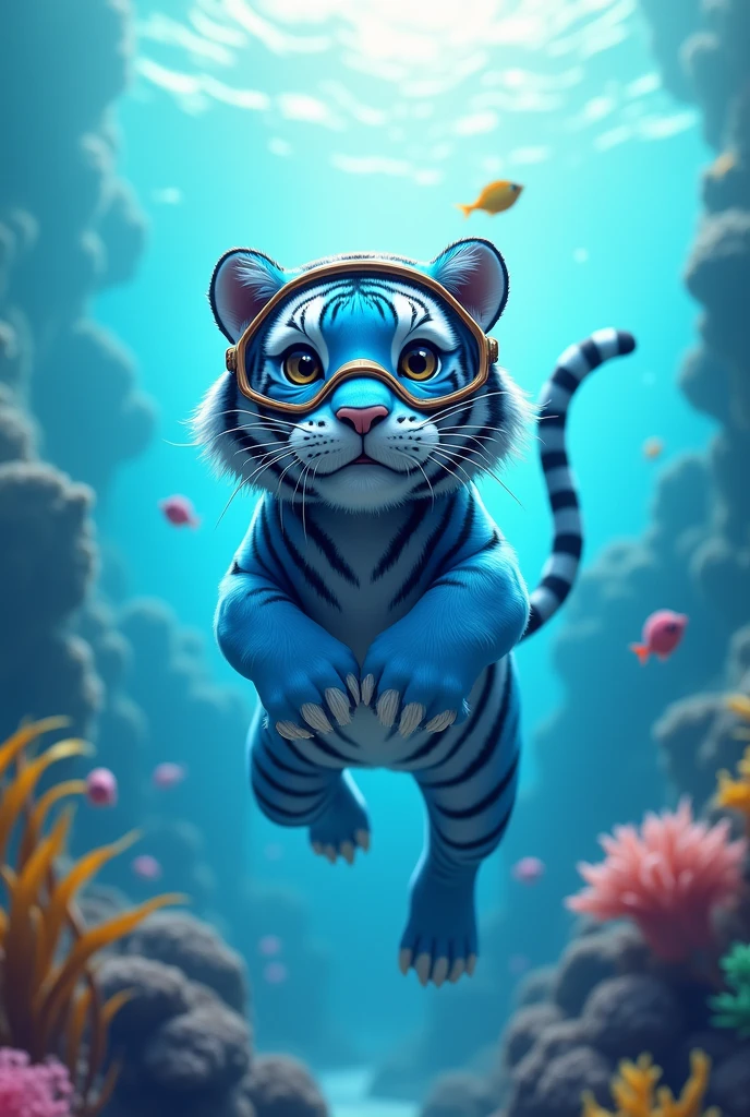 A blue tiger swimming and diving,Wearing diving gear,cute style,Realistic and cute