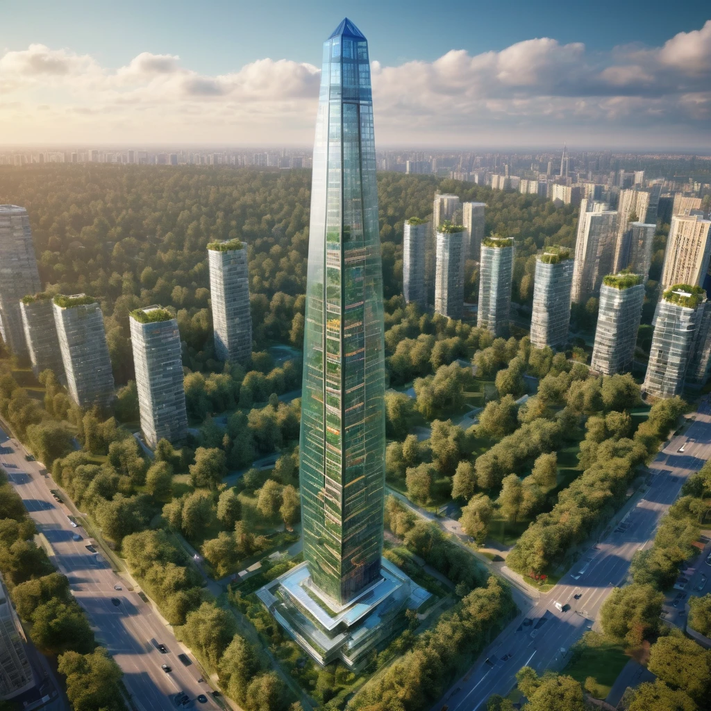 very gigantic glass apartment skyscraper, obelisk shape, solarpunk style, aerial view, ultra detailed,HD,8k,soft lighting, with trees decorating it