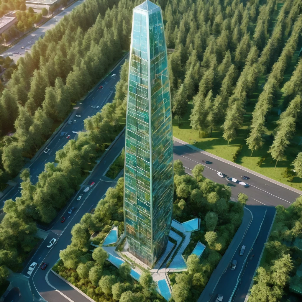 very gigantic glass apartment skyscraper, obelisk shape, solarpunk style, aerial view, ultra detailed,HD,8k,soft lighting, with trees decorating it