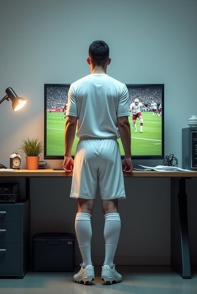 Male fan dressed in all-white team uniform watching football game on television, with the all-white team uniform, on an office desk