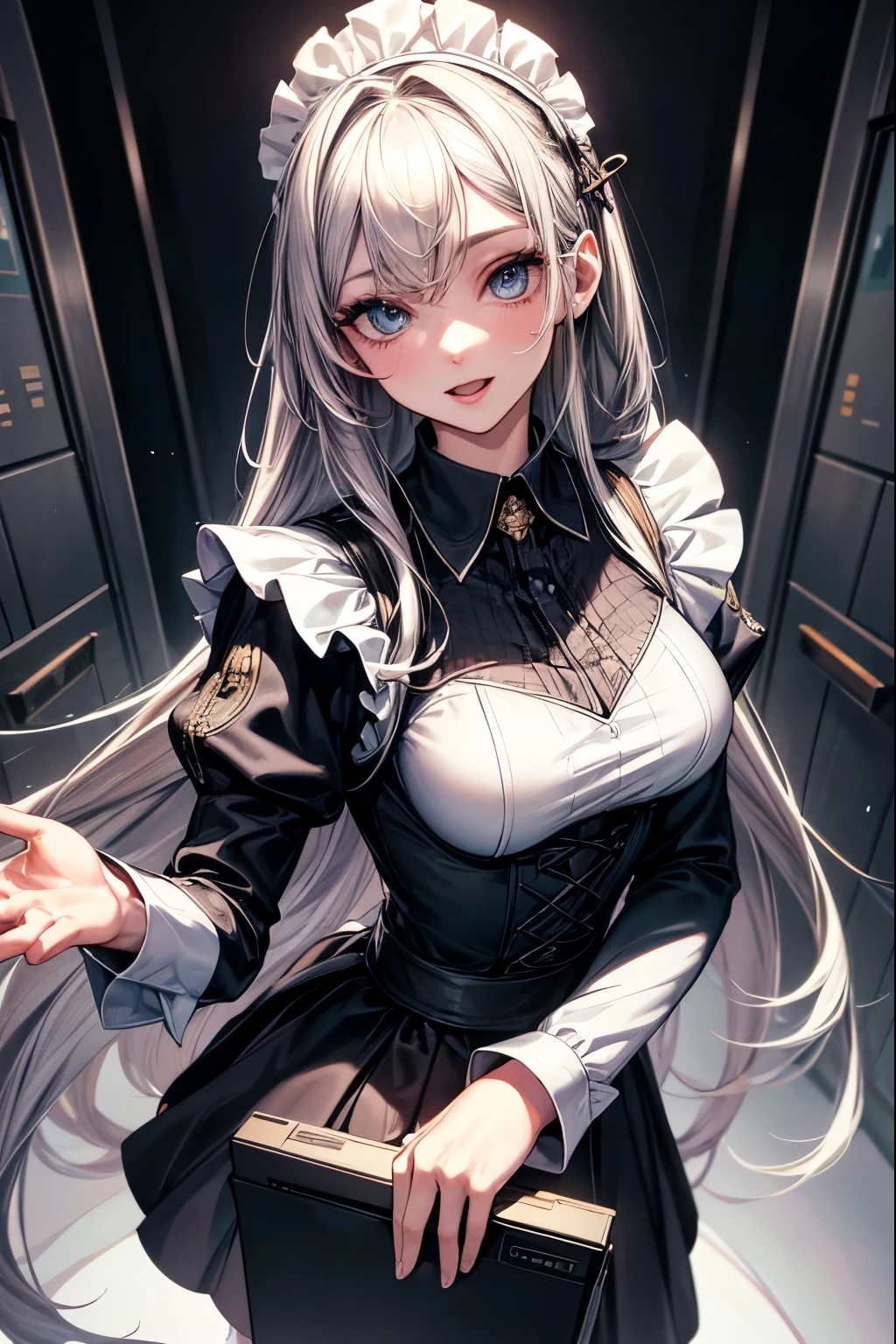 (best quality,4k,high resolution,masterpiece:1.2),detailed eyes,beautiful detailed lips,extremely detailed large eyes and face,long eyelashes,1 girl, Europian noble face with smile, tightly fitted outfit,black long-sleeved maid costume,wearing long skirt, wearing white tights, a girl is standing in a operating room, having a switch box, upper body portrait abobe the knee, large cool eyes, upward gaze,open mouth with joyful feels, feels a confidence expression.