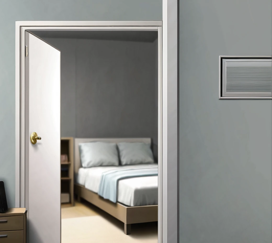 just a scenario, background, a room, with an open bedroom door, anime setting, whimsy, light,