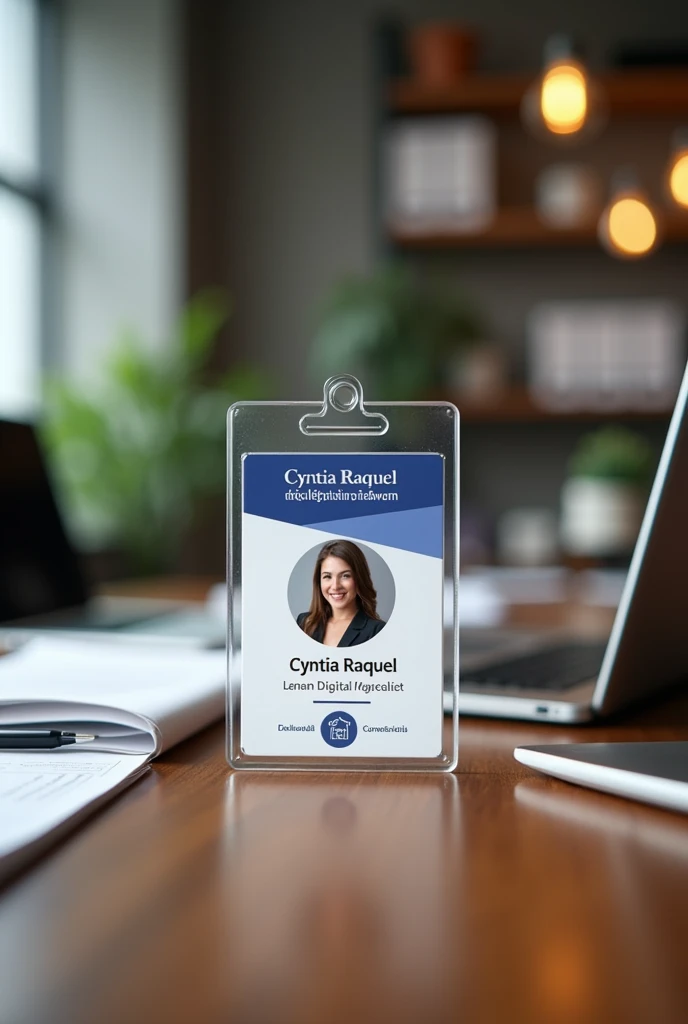 Create a badge on the table with the name Cyntia Raquel digital marketing profession with a focus on the professional badge in an office