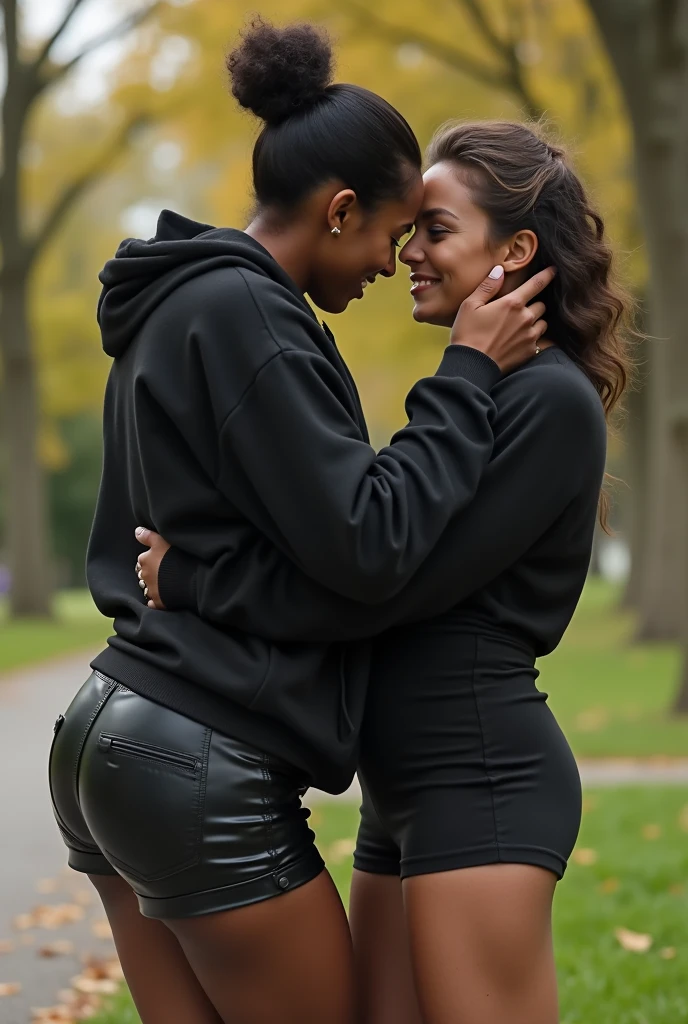 black woman hair in a bun black hoodie black leather short shorts bending over getting  in the ass byold ugly woman in a dress in a park
