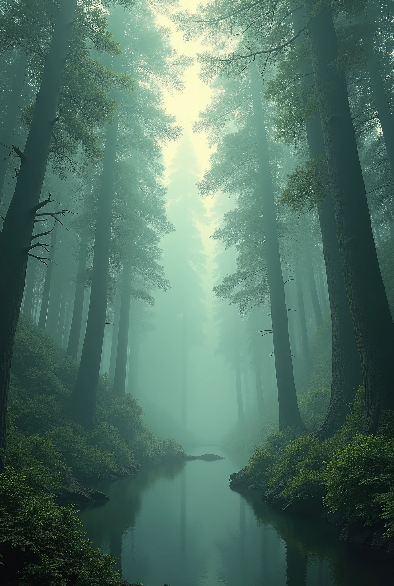 A huge forest (haze) Lord of the Rings Style( pastel colors) with a small lake with several huge trees and with a lot of density, cinematic style film
