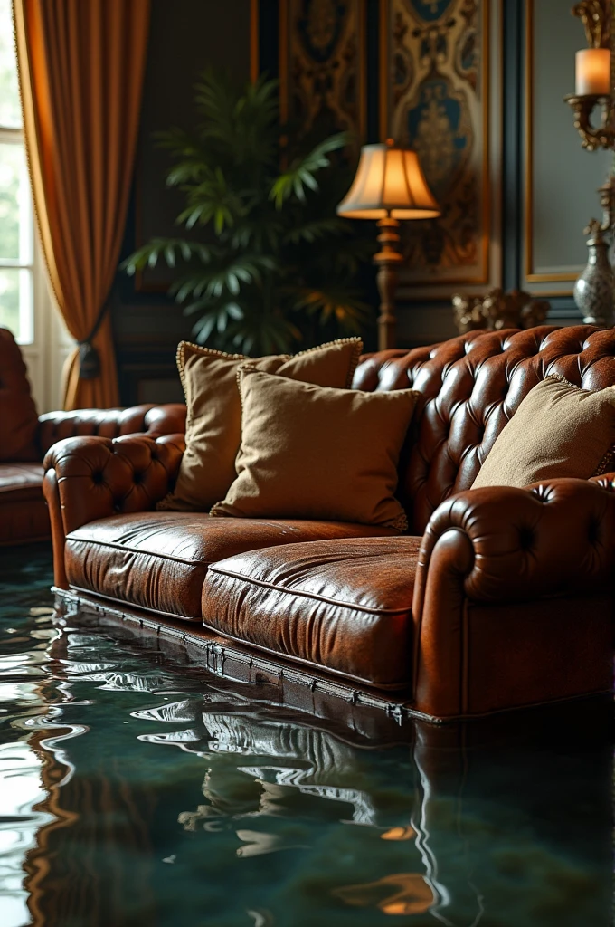 Sofa made up of leather in water due to flood of a house which has nice interiors