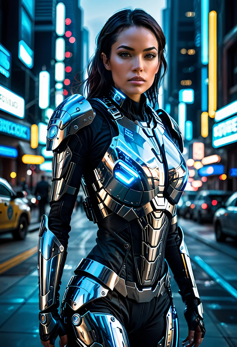 A highly detailed, realistic, sexy female cyborg law enforcement officer standing confidently in a futuristic cityscape. She wears sleek, high-tech body armor with integrated cybernetic enhancements that emit a soft, blue glow. In one hand, she holds a futuristic weapon with a sleek, advanced design, ready for action. A visible badge or emblem on her chest armor clearly identifies her as law enforcement. Her expression is stern and focused, conveying authority and determination. The urban background is filled with towering buildings and futuristic vehicles, all illuminated by the neon lights of the city. The scene captures the intense, high-tech environment of a future where advanced technology and law enforcement intersect.