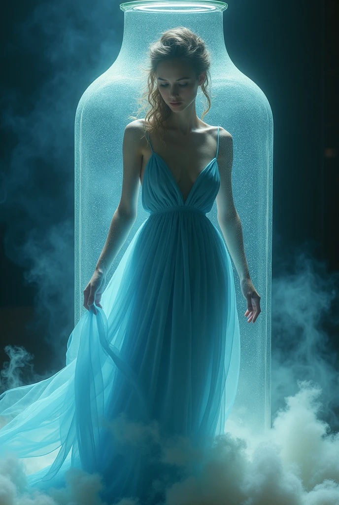 A woman in a blue dress in a bottle, fluffy, realistic, atmospheric light refraction, by lee jeffries nikon d850 film stock photograph 4 kodak portra 400 camera f1.6 lens rich colors very hyper realistic lifelike texture dramatic lighting unreal engine trending on artstation cinestill 800, Style-Glass