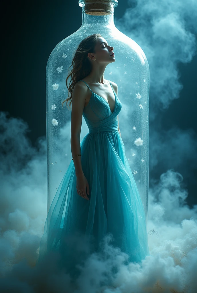 A woman in a blue dress in a bottle, fluffy, realistic, atmospheric light refraction, by lee jeffries nikon d850 film stock photograph 4 kodak portra 400 camera f1.6 lens rich colors very hyper realistic lifelike texture dramatic lighting unreal engine trending on artstation cinestill 800, Style-Glass
