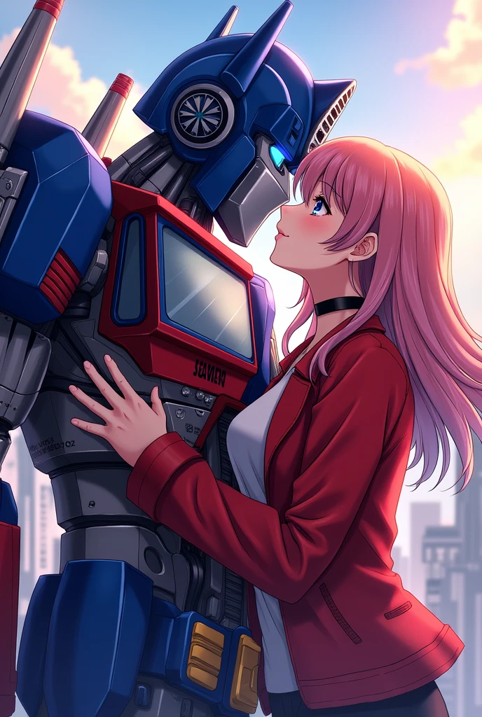 Optimus Prime & Rika Kawai, Kiss,girl And Robot Autobot, masterpiece, highres, blonde hair,pink hair, blue eyes, multicolored hair,RikaKawaiR4,red jacket,choker, Anime 