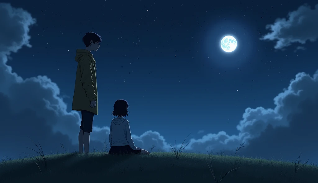 On a night after the rain, when dark clouds began to drift away and the stars started to shine, a tall, slender young man with short dark hair, wearing a raincoat and a white shirt, sat on a hill on a wide plain. He looked up at the moon, which shone like a bright memory from the past. Suddenly, a woman wearing a hoodie over a white collared shirt and a black skirt, with shoulder-length black hair, sat down next to him as he gazed at the stars in the sky.
