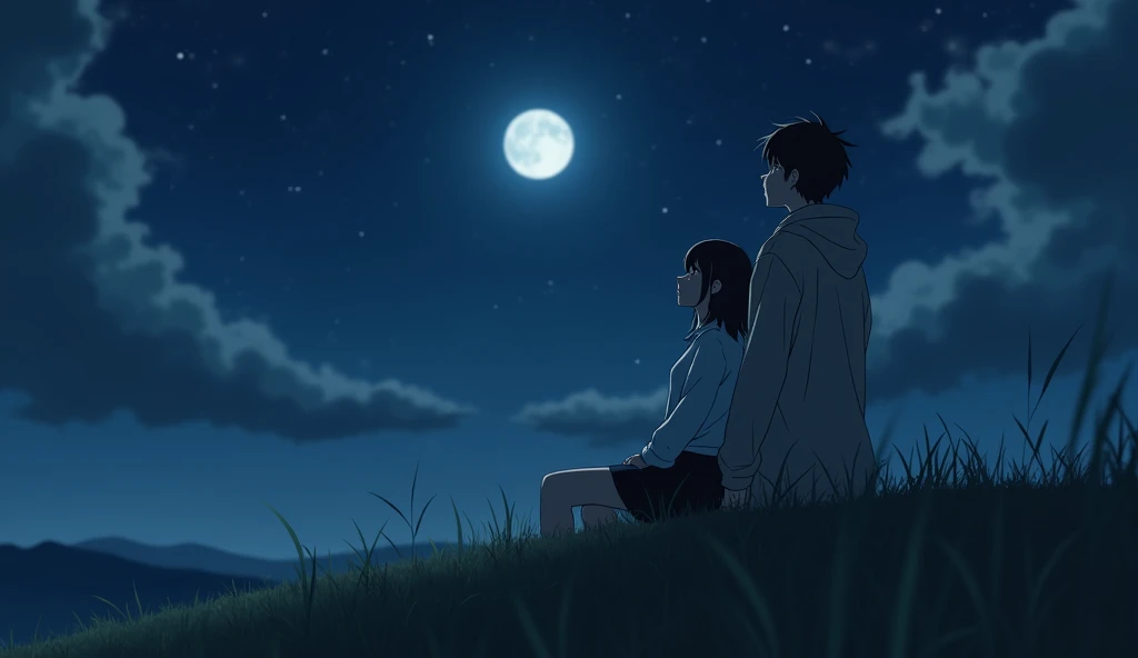 On a night after the rain, when dark clouds began to drift away and the stars started to shine, a tall, slender young man with short dark hair, wearing a raincoat and a white shirt, sat on a hill on a wide plain. He looked up at the moon, which shone like a bright memory from the past. Suddenly, a woman wearing a hoodie over a white collared shirt and a black skirt, with shoulder-length black hair, sat down next to him as he gazed at the stars in the sky.