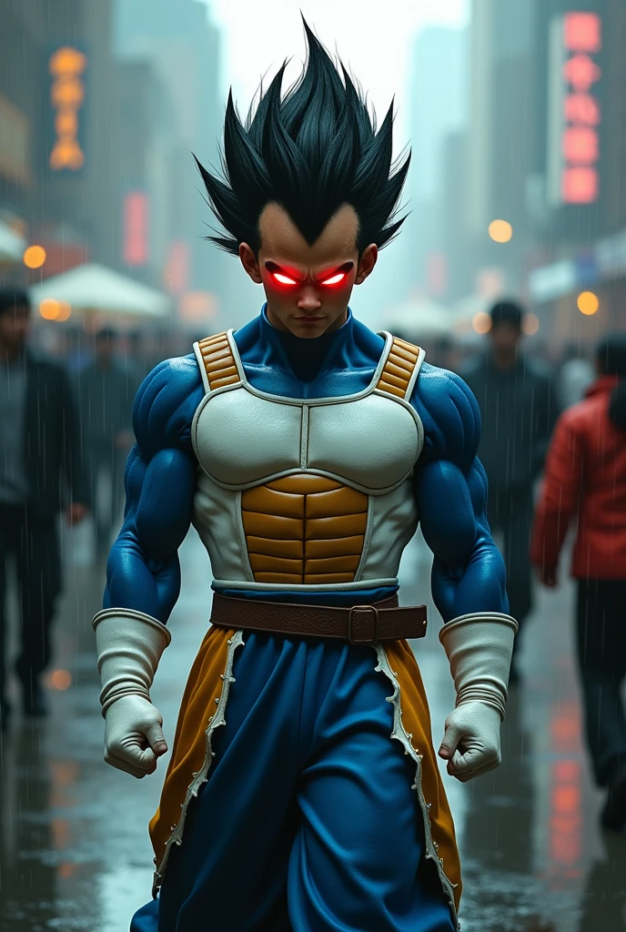 Rain, fragments splash Snowflakes, particles blender Cinematic Composition A realistic photoshoot of an Japanese male model cosplaying dragon ball classic Uniform blue white, hair style conceptual messy wind akira toriyama as from RAW photography tmasterpiece Anthropomorphic humanoid vegeta's rage facing eyes glow red red gold Torn Viking costume wearing Street attire, Walk wildly through the crowd, intricately details, Intricate work by Gribors, Behind the city, fit-muscled body, Large muscles, Muscular arms, Small head, Scary ogres, Titan soft lighting, Ultra photo realsisim, gentle illumination, sinister environment filmed by Zack Synder variant angles dynamic 