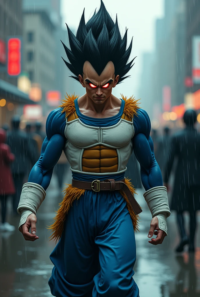 Rain, fragments splash Snowflakes, particles blender Cinematic Composition A realistic photoshoot of an Japanese male model cosplaying dragon ball classic Uniform blue white, hair style conceptual messy wind akira toriyama as from RAW photography tmasterpiece Anthropomorphic humanoid vegeta's rage facing eyes glow red red gold Torn Viking costume wearing Street attire, Walk wildly through the crowd, intricately details, Intricate work by Gribors, Behind the city, fit-muscled body, Large muscles, Muscular arms, Small head, Scary ogres, Titan soft lighting, Ultra photo realsisim, gentle illumination, sinister environment filmed by Zack Synder variant angles dynamic