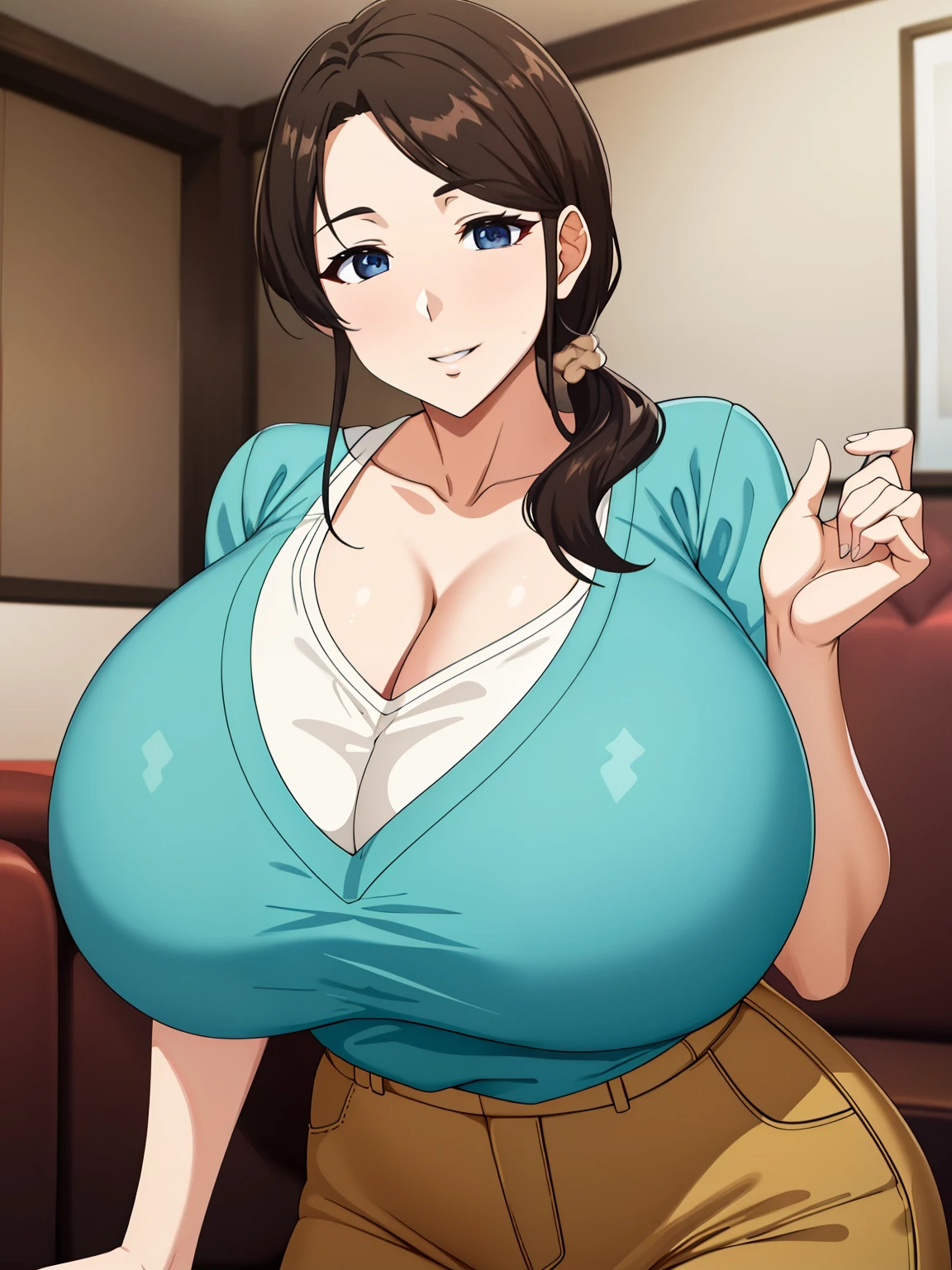 (超High resolution,4K,Very detailed, photograph, 8k, High resolution, High resolution, Absurd:1.2),40-year-old Japanese woman,expensive,Long black hair,Beautiful character design,Beautifully detailed eye depiction,Perfect Face,Expressive eyes,Brown eyes,Smiling while doing something vulgar,shirt,Blue denim pants,(Huge breasts:1.2),Tight waist,In the living room,Daytime